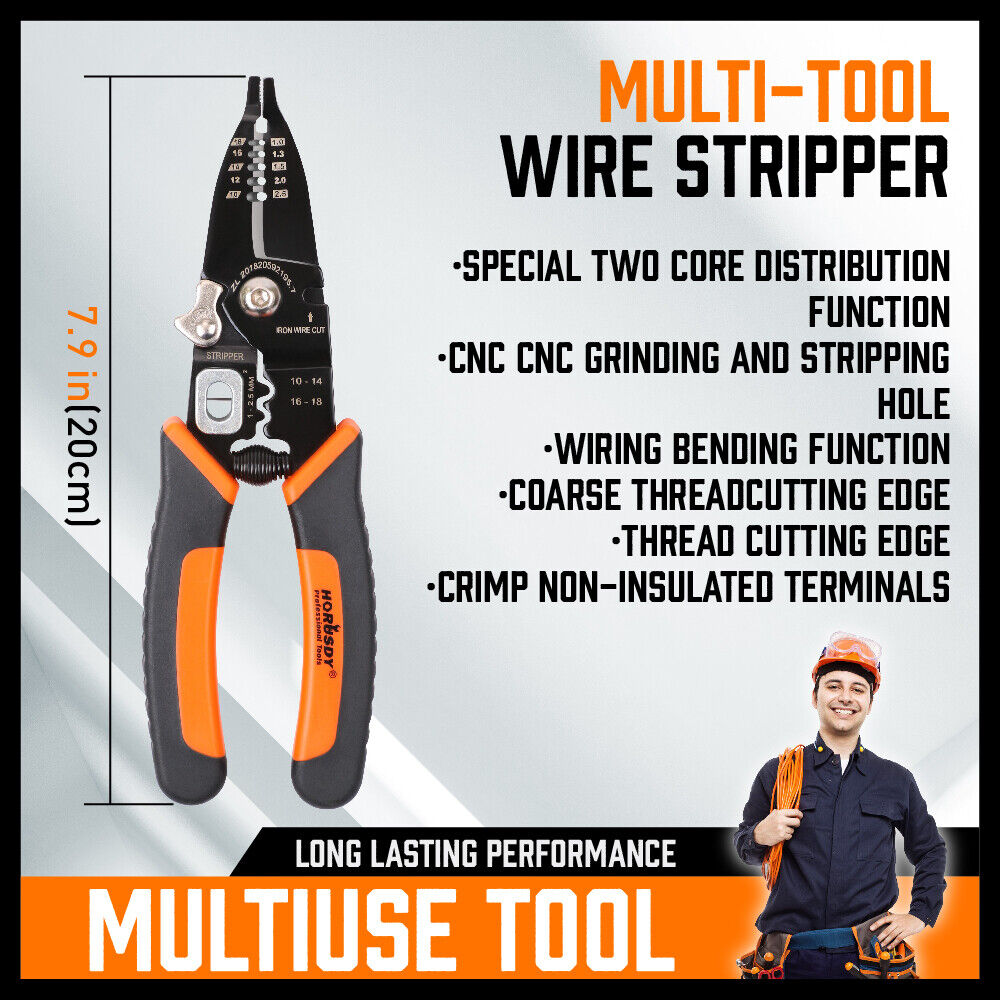 8" Wire Stripping Tool Wire Cutter Hand Crimping Pliers Strip Cutter Insulated V465-HGD02A