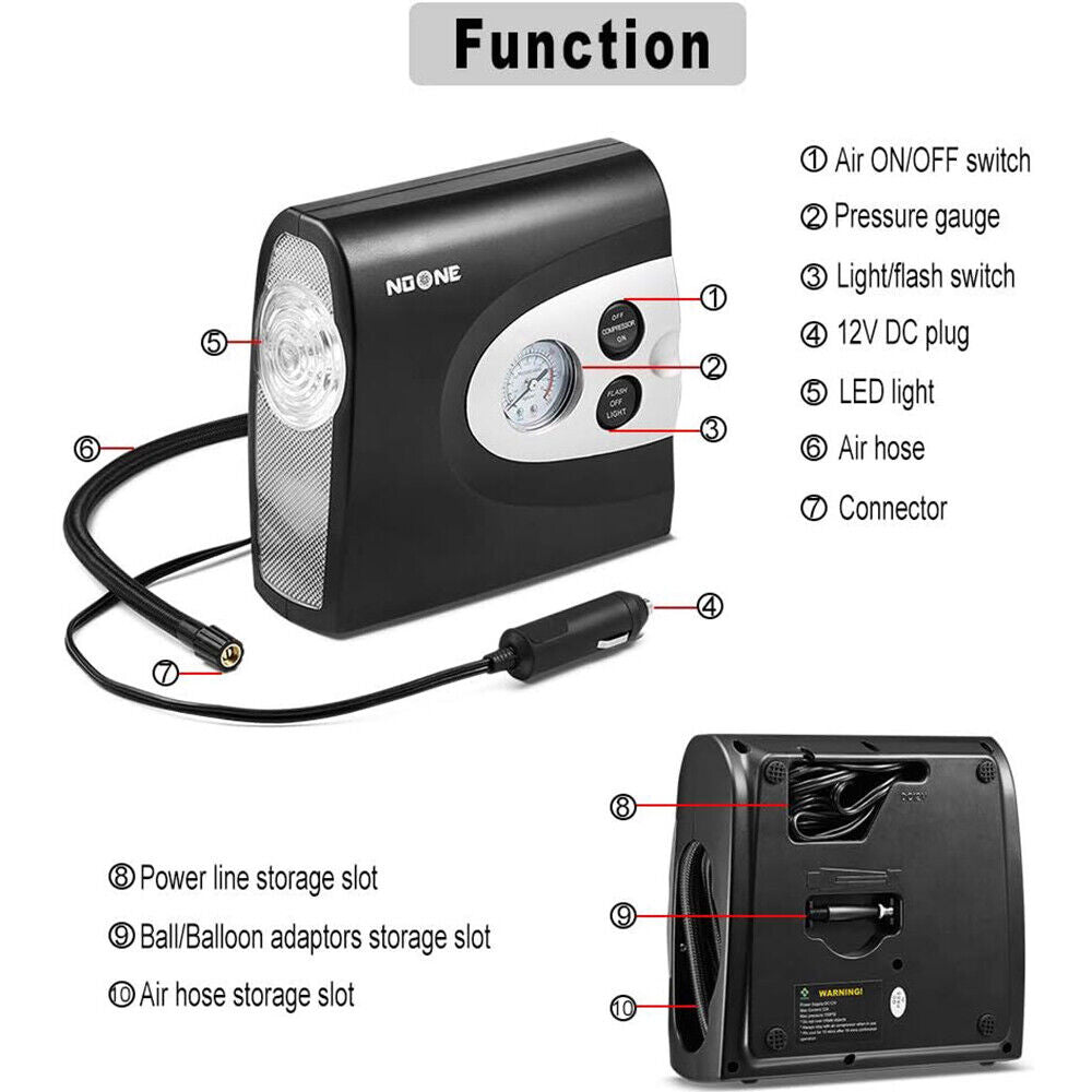 NOONE 3 IN 1 Air Compressor Tire Inflator 12V Portable Car Tire Inflator Pump V465-KJAP002