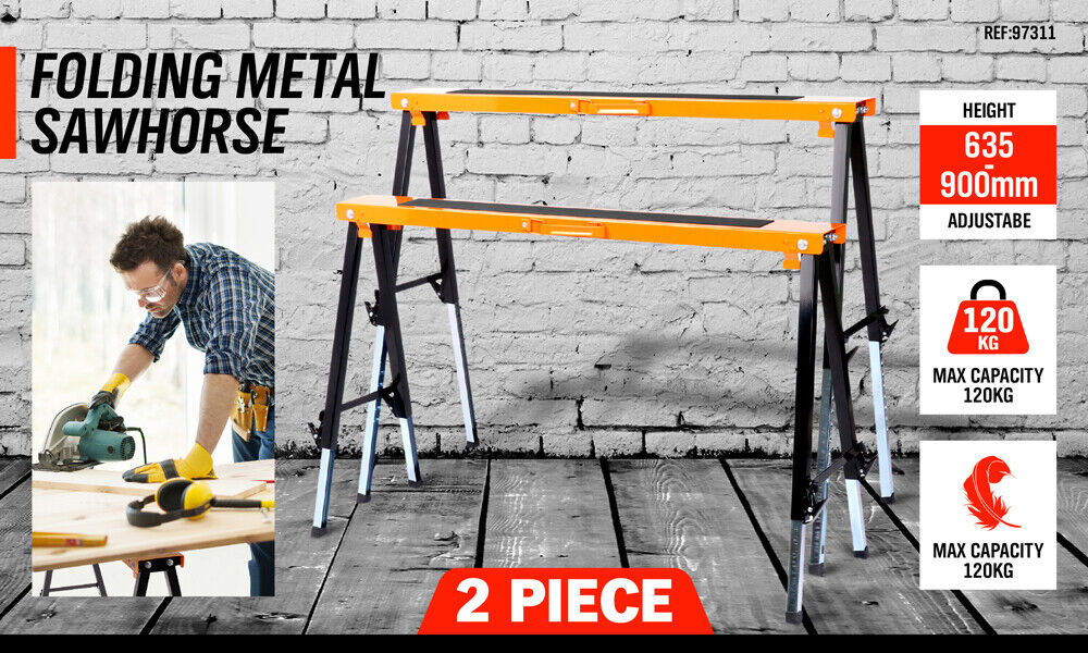 2Pc Mastercraft Sawhorse Metal Folding Non-slip Surface Saw Horse 120KG Capacity V465-SDY-55035