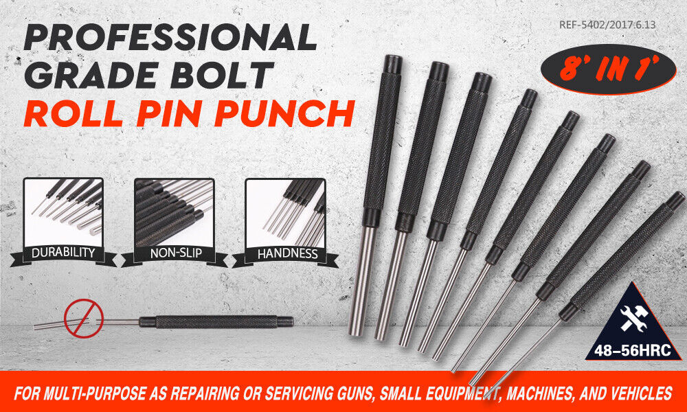 8Pc Heavy Duty Long Pin Punch Set 2.4 to 10mm Drift Roll Nail Steel Flat End New V465-SDY-94226