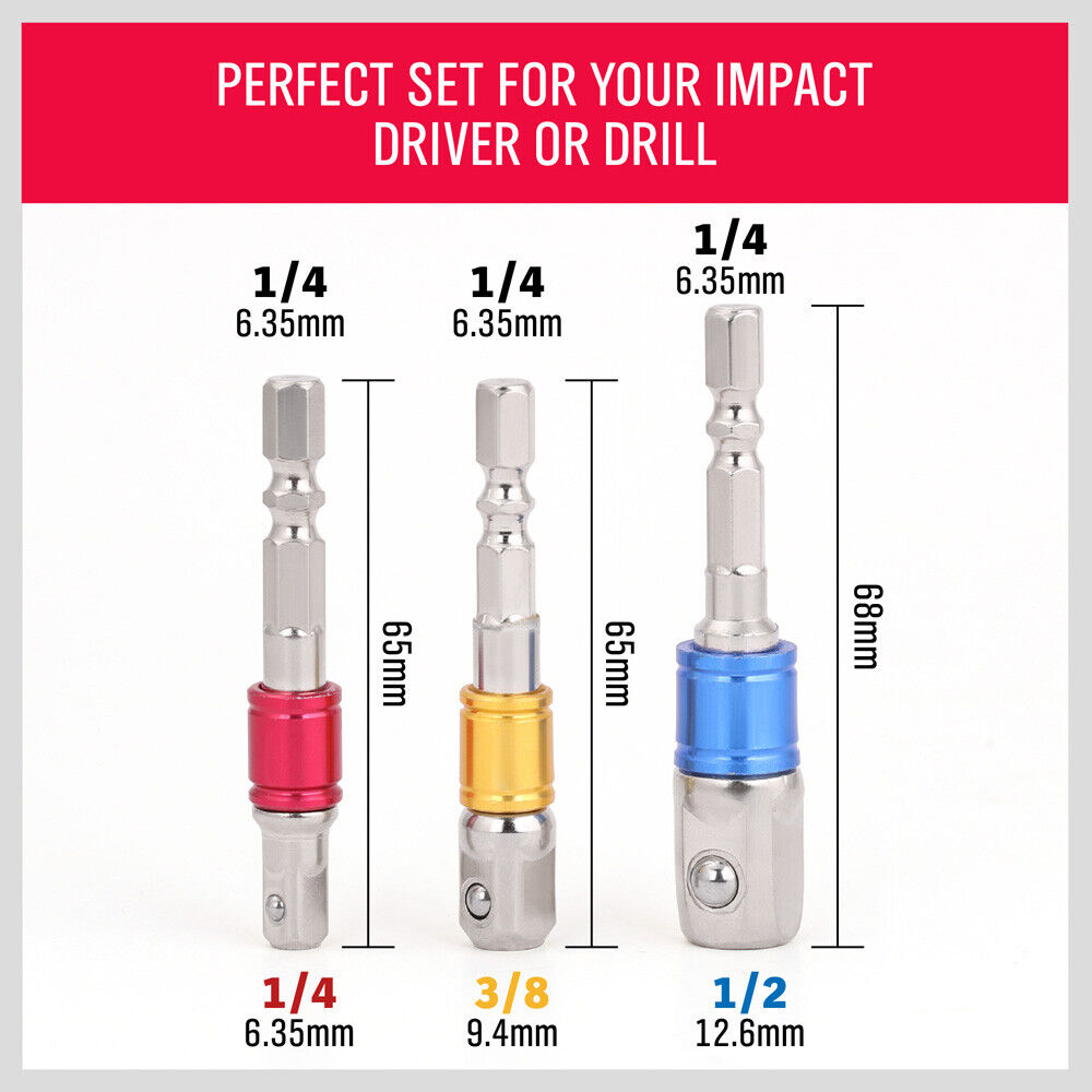 3Pc Socket Bit Adaptor Set Drill Nut Driver Power Extension Bars 1/4" 3/8" 1/2" V465-SDY-97276