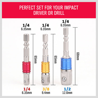 3Pc Socket Bit Adaptor Set Drill Nut Driver Power Extension Bars 1/4" 3/8" 1/2" V465-SDY-97276