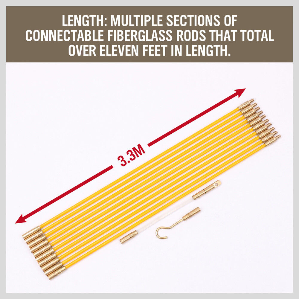3.3m 4mm Fibreglass Electricians Push Pull Rods Cable Cavity Contractors Duct V465-SDY-97342