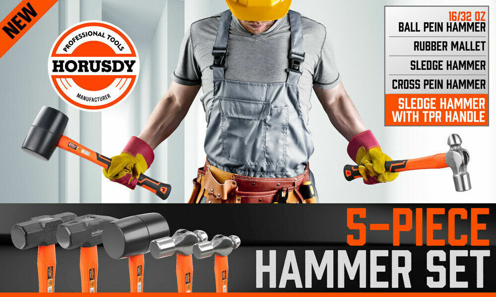 5Pc Hammer Set Rubber / Ball Pein / Sledge / Cross Pein Mallet TPR Grip Handle V465-SDY-97401