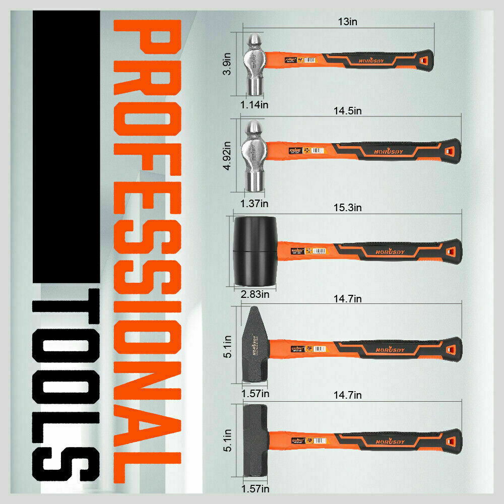 5Pc Hammer Set Rubber / Ball Pein / Sledge / Cross Pein Mallet TPR Grip Handle V465-SDY-97401