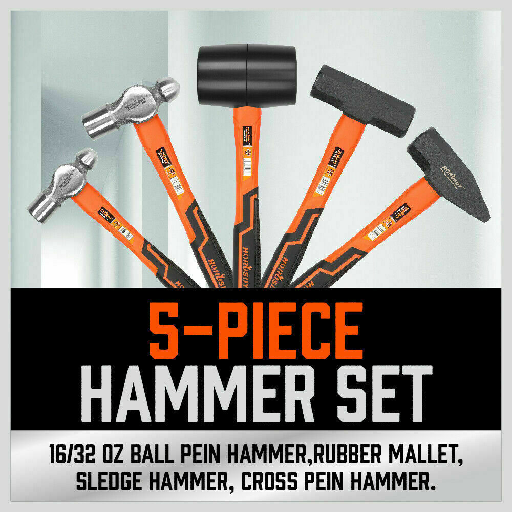 5Pc Hammer Set Rubber / Ball Pein / Sledge / Cross Pein Mallet TPR Grip Handle V465-SDY-97401