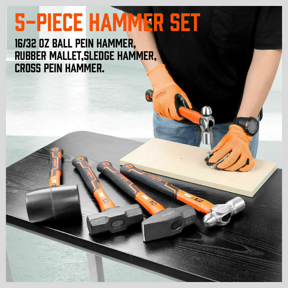5Pc Hammer Set Rubber / Ball Pein / Sledge / Cross Pein Mallet TPR Grip Handle V465-SDY-97401