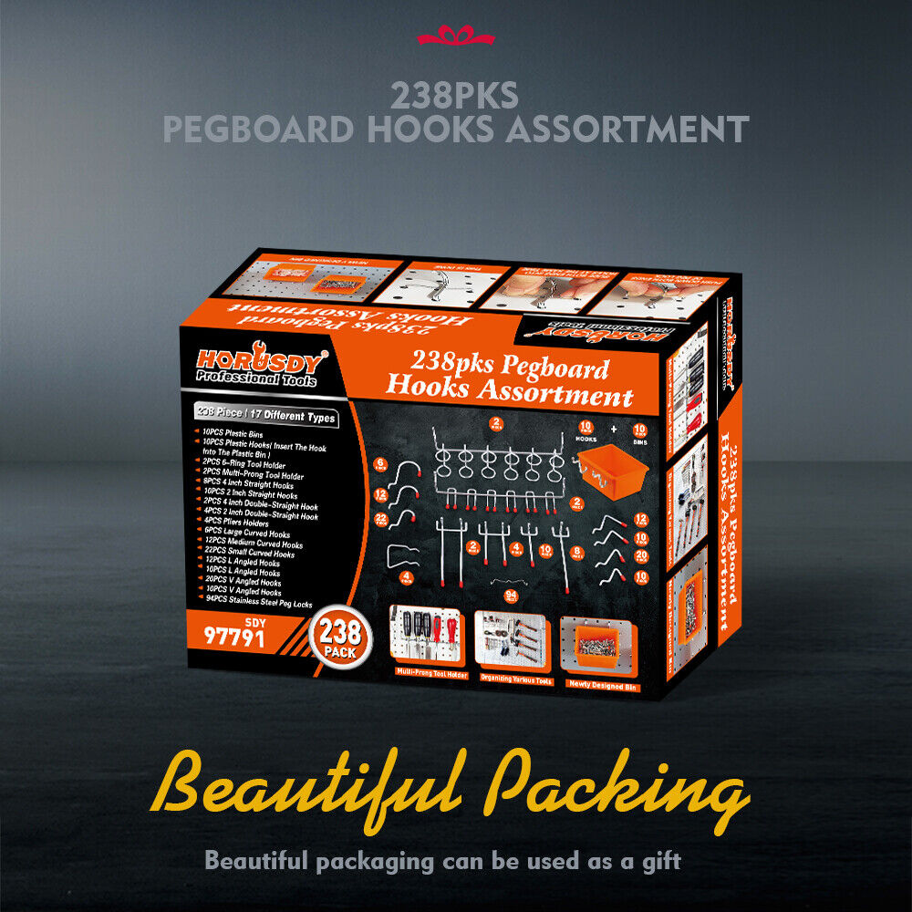 238Pc Pegboard Hooks Set Peg board Bins Parts Storage Assortment Tools Organiser V465-SDY-97791
