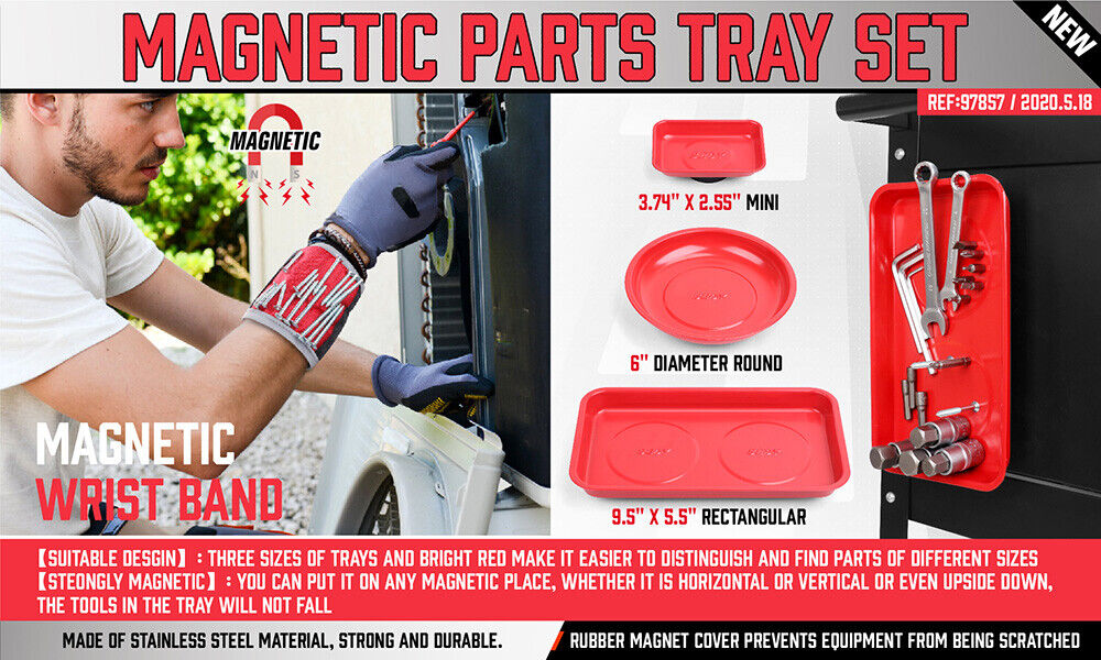 4Pc Magnetic Parts Holder Set Wrist Band Magnet Bowl Tray Screws Nuts Storage V465-SDY-97857