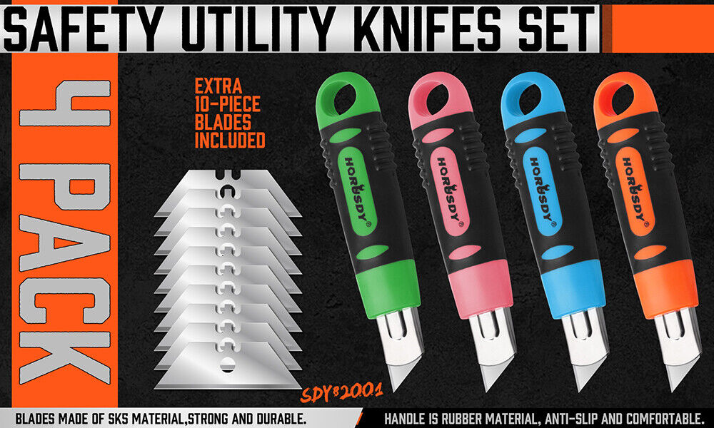 4Pc Box Cutter Snap Off Utility Knife Retractable Grip Handle 10x Spare Blades V465-SDY-97910