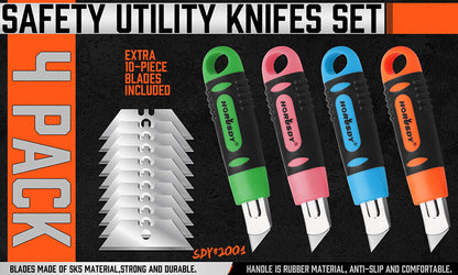 4Pc Box Cutter Snap Off Utility Knife Retractable Grip Handle 10x Spare Blades V465-SDY-97910