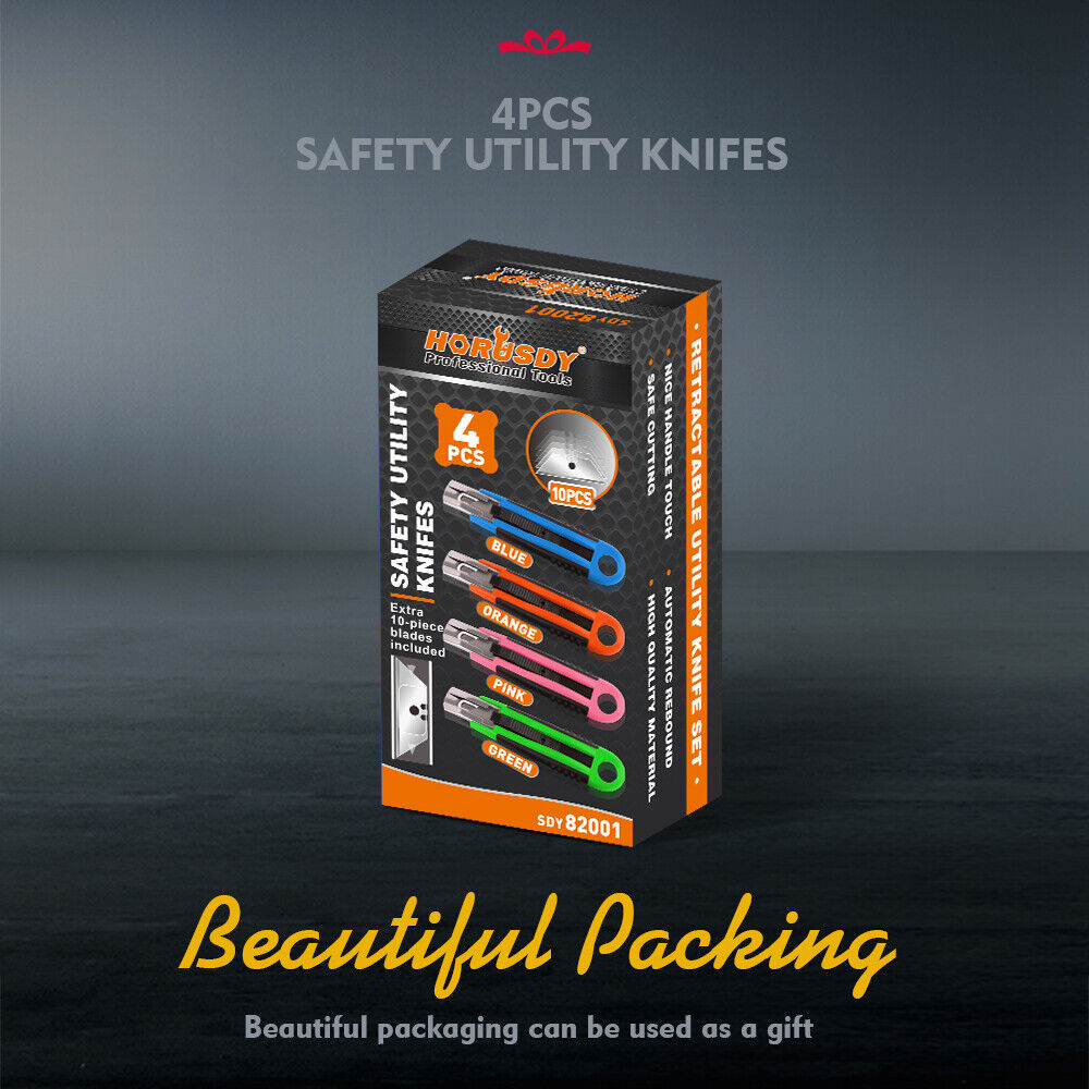 4Pc Box Cutter Snap Off Utility Knife Retractable Grip Handle 10x Spare Blades V465-SDY-97910