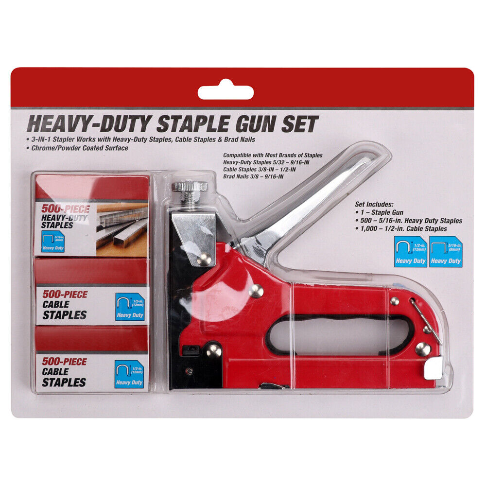 Heavy Duty Staple Gun Set 2in1 Stapler + 1500Pc Staples Tacker Hand Fastener Tool V465-TN50067J-D