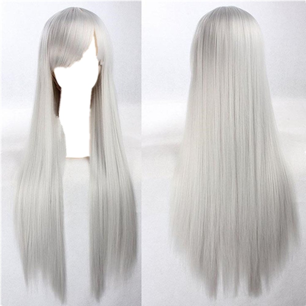 New 80cm Straight Sleek Long Full Hair Wigs w Side Bangs Cosplay Costume Womens, Grey V474-15802
