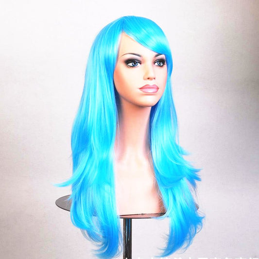 70cm Wavy Curly Sleek Full Hair Lady Wigs w Side Bangs Cosplay Costume Womens, Aqua V474-15806