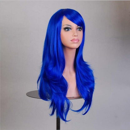 70cm Wavy Curly Sleek Full Hair Lady Wigs w Side Bangs Cosplay Costume Womens, Royal Blue V474-15808