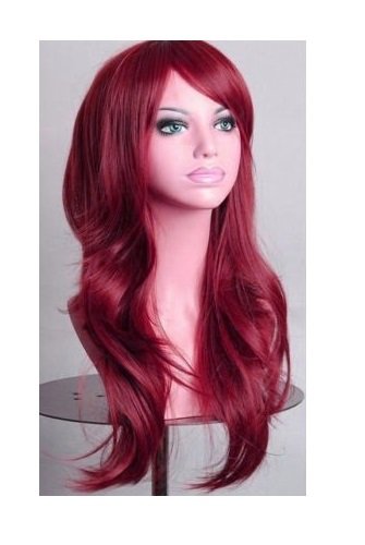 70cm Wavy Curly Sleek Full Hair Lady Wigs w Side Bangs Cosplay Costume Womens, Burgundy V474-15810