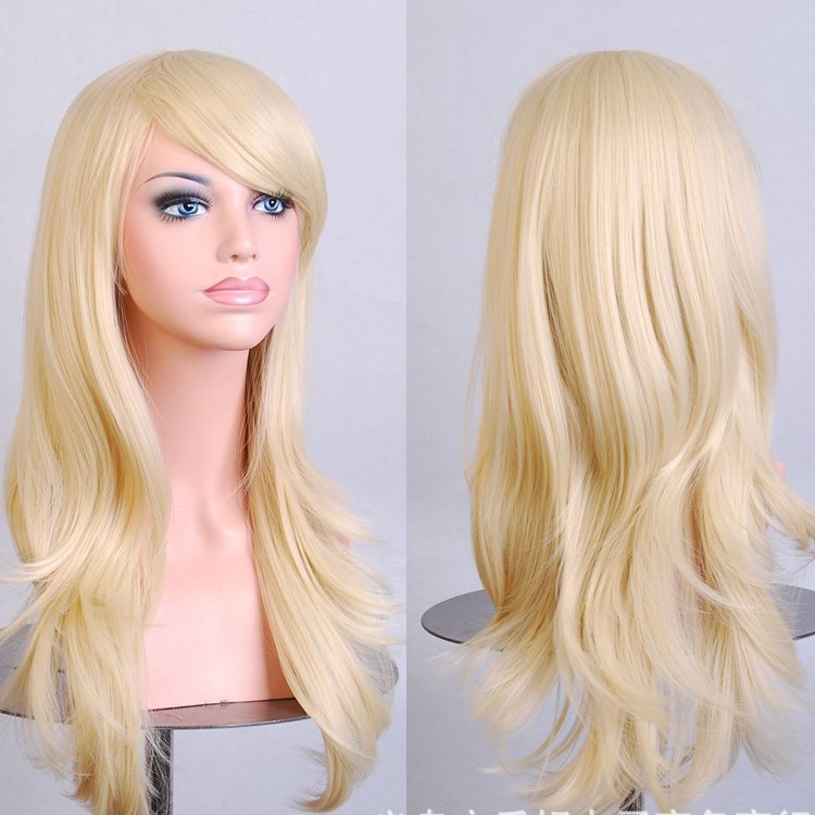 70cm Wavy Curly Sleek Full Hair Lady Wigs w Side Bangs Cosplay Costume Womens, Light Blonde V474-15814
