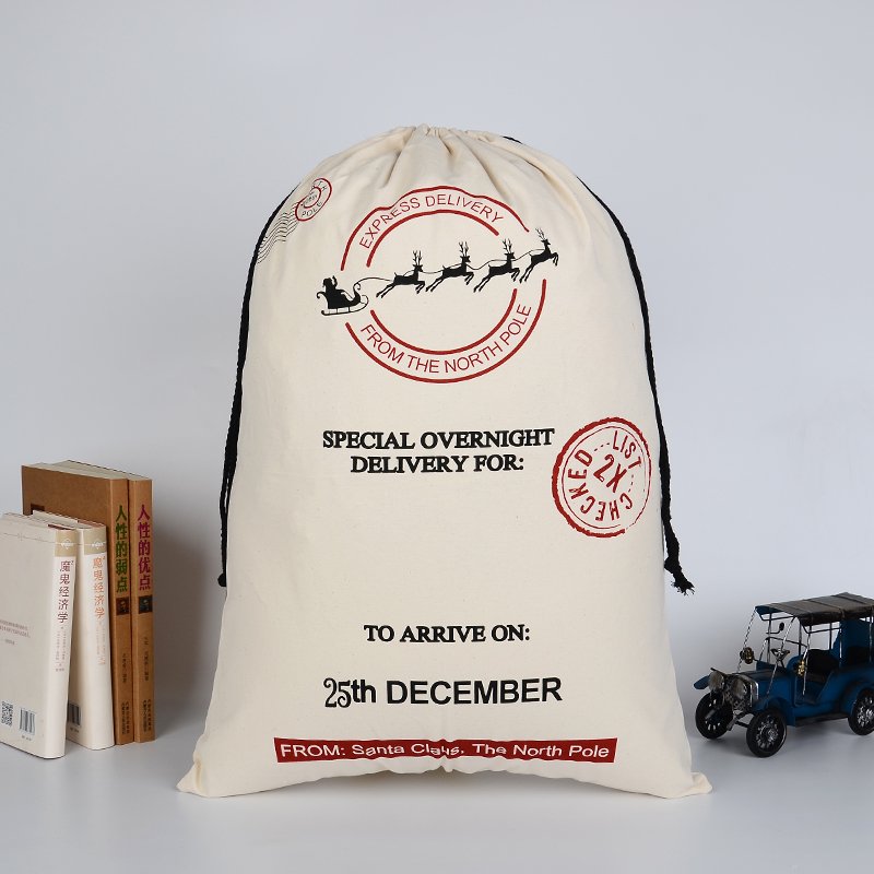 Large Christmas XMAS Hessian Santa Sack Stocking Bag Reindeer Children Gifts Bag, Cream - Express Delivery (2) V474-16762