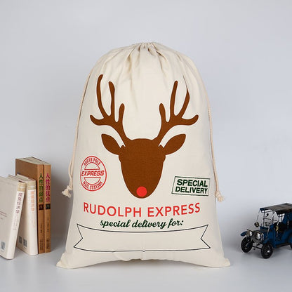 Large Christmas XMAS Hessian Santa Sack Stocking Bag Reindeer Children Gifts Bag, Cream - Rudolph Express V474-16769