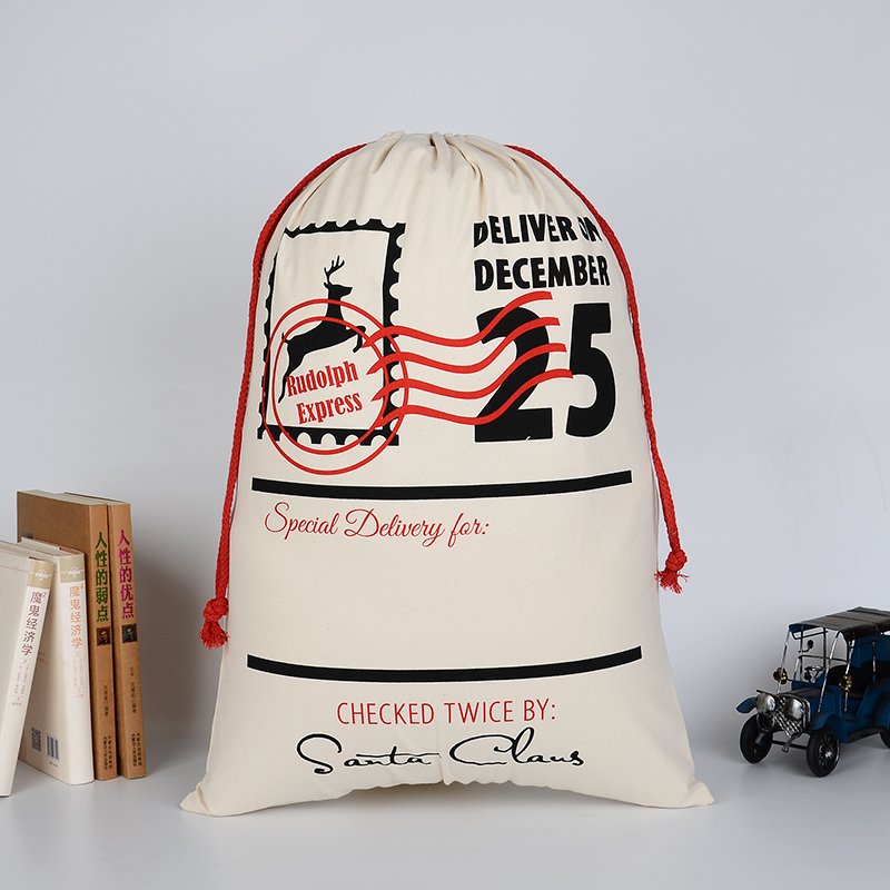 Large Christmas XMAS Hessian Santa Sack Stocking Bag Reindeer Children Gifts Bag, Cream - Delivery on V474-16773