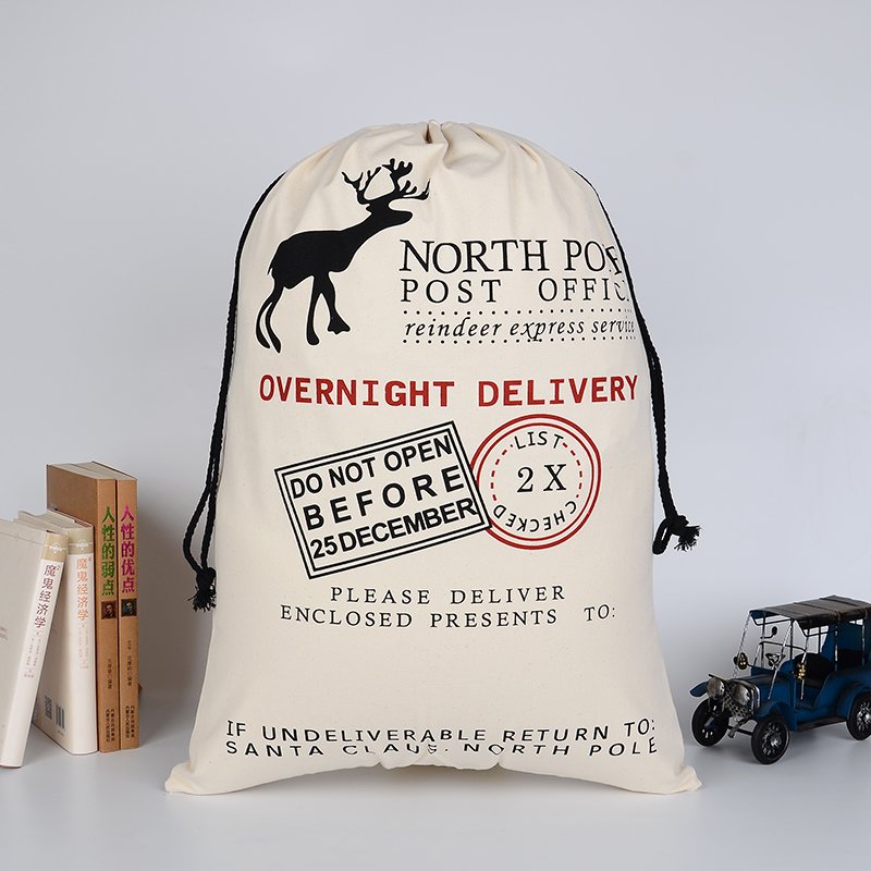 50x70cm Canvas Hessian Christmas Santa Sack Xmas Stocking Reindeer Kids Gift Bag, Cream - Reindeer Express V474-16784