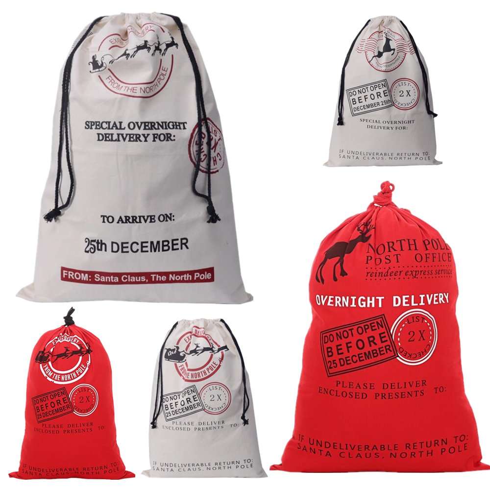 50x70cm Canvas Hessian Christmas Santa Sack Xmas Stocking Reindeer Kids Gift Bag, Cream - Delivery on V474-16794