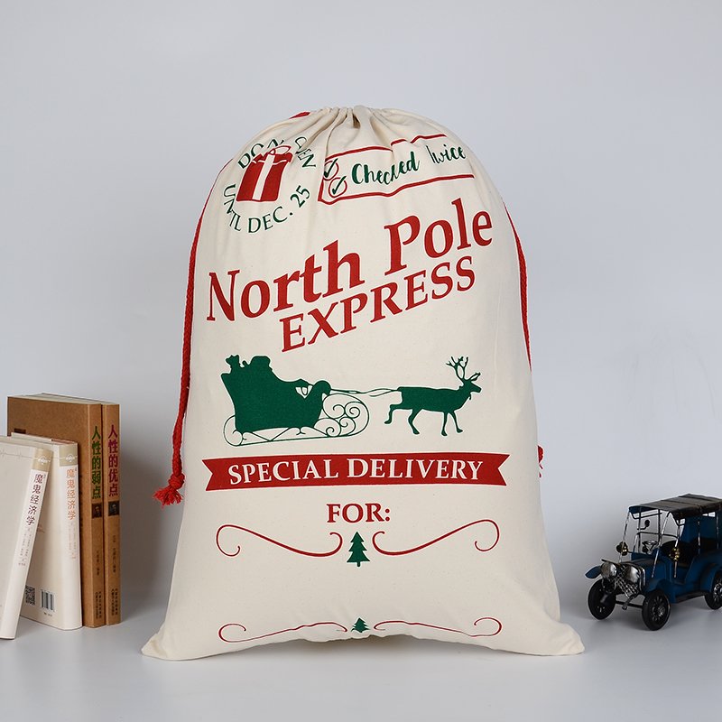 50x70cm Canvas Hessian Christmas Santa Sack Xmas Stocking Reindeer Kids Gift Bag, Cream - North Pole Express V474-16795