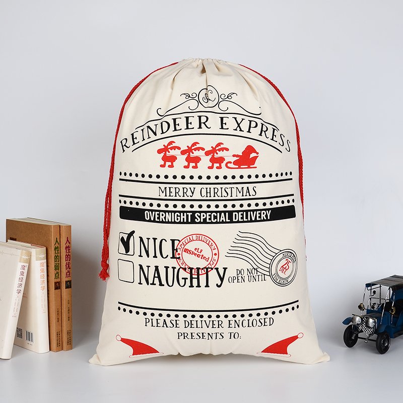 50x70cm Canvas Hessian Christmas Santa Sack Xmas Stocking Reindeer Kids Gift Bag, Cream - Overnight Special V474-16799