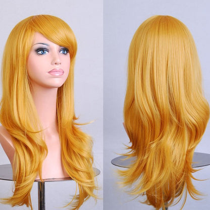 70cm Wavy Curly Sleek Full Hair Lady Wigs w Side Bangs Cosplay Costume Womens, Golden Blonde V474-206277