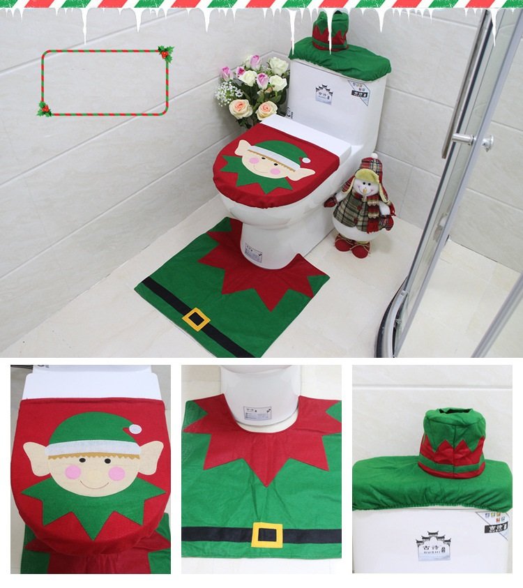4pcs Christmas Toilet Seat Cover Rug Bathroom Set Santa Snowman Xmas Home Decor, Elf V474-207257