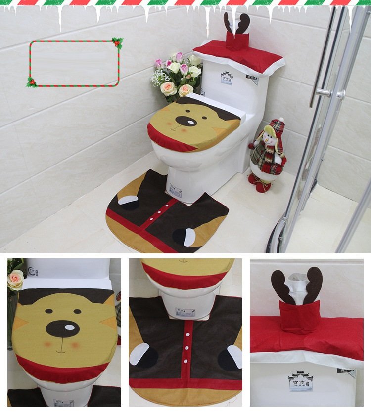 4pcs Christmas Toilet Seat Cover Rug Bathroom Set Santa Snowman Xmas Home Decor, Reindeer V474-207258