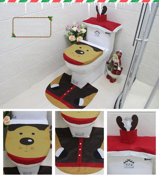 4pcs Christmas Toilet Seat Cover Rug Bathroom Set Santa Snowman Xmas Home Decor, Reindeer V474-207258