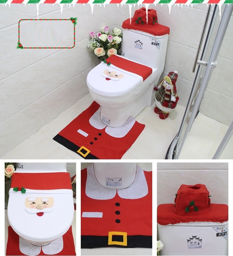 4pcs Christmas Toilet Seat Cover Rug Bathroom Set Santa Snowman Xmas Home Decor, Santa V474-207259