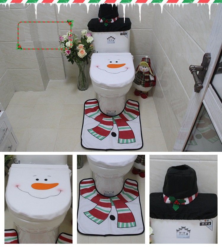 4pcs Christmas Toilet Seat Cover Rug Bathroom Set Santa Snowman Xmas Home Decor, Snowman A V474-207260