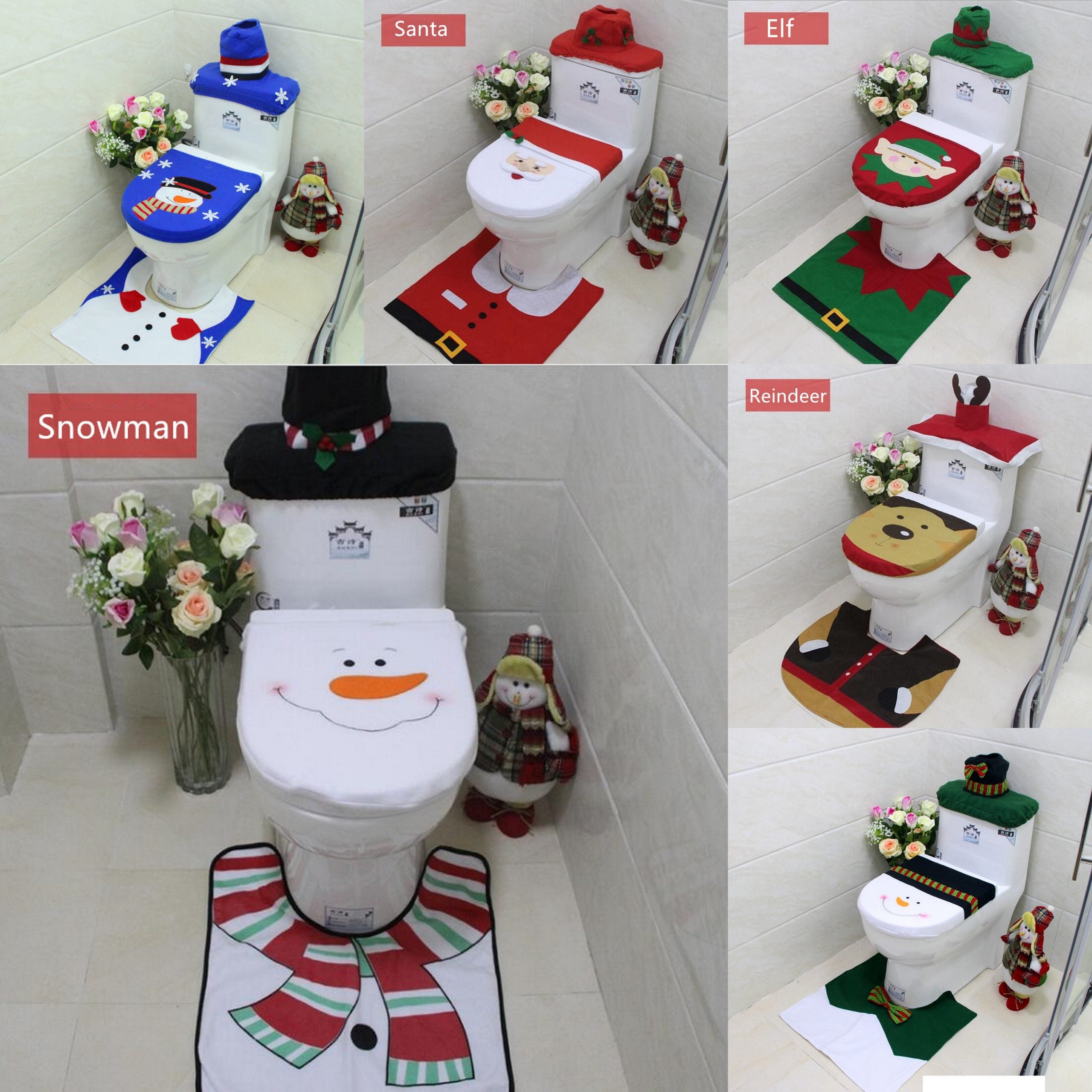 4pcs Christmas Toilet Seat Cover Rug Bathroom Set Santa Snowman Xmas Home Decor, Snowman B V474-207261