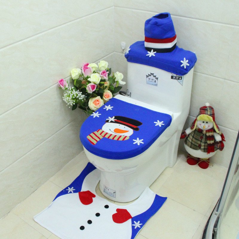 4pcs Christmas Toilet Seat Cover Rug Bathroom Set Santa Snowman Xmas Home Decor, Snowman w Snowflakes V474-207530