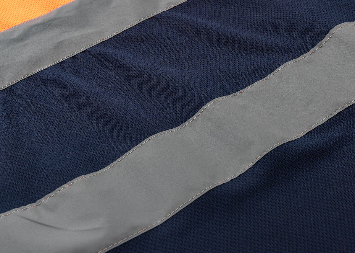 HI VIS Long Sleeve Workwear Shirt w Reflective Tape Cool Dry Safety Polo 2 Tone, Fluoro Orange / Navy, S V474-210984