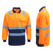 HI VIS Long Sleeve Workwear Shirt w Reflective Tape Cool Dry Safety Polo 2 Tone, Fluoro Orange / Navy, M V474-210985