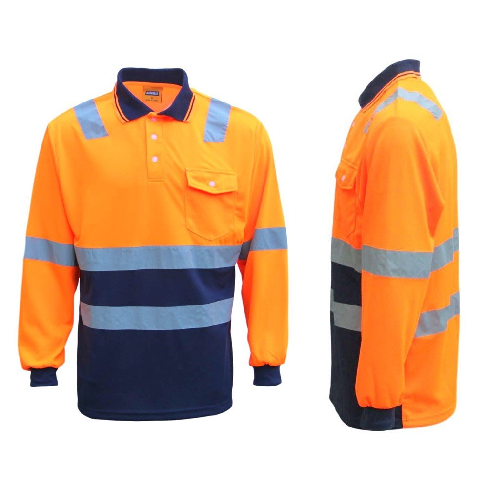 HI VIS Long Sleeve Workwear Shirt w Reflective Tape Cool Dry Safety Polo 2 Tone, Fluoro Orange / Navy, M V474-210985