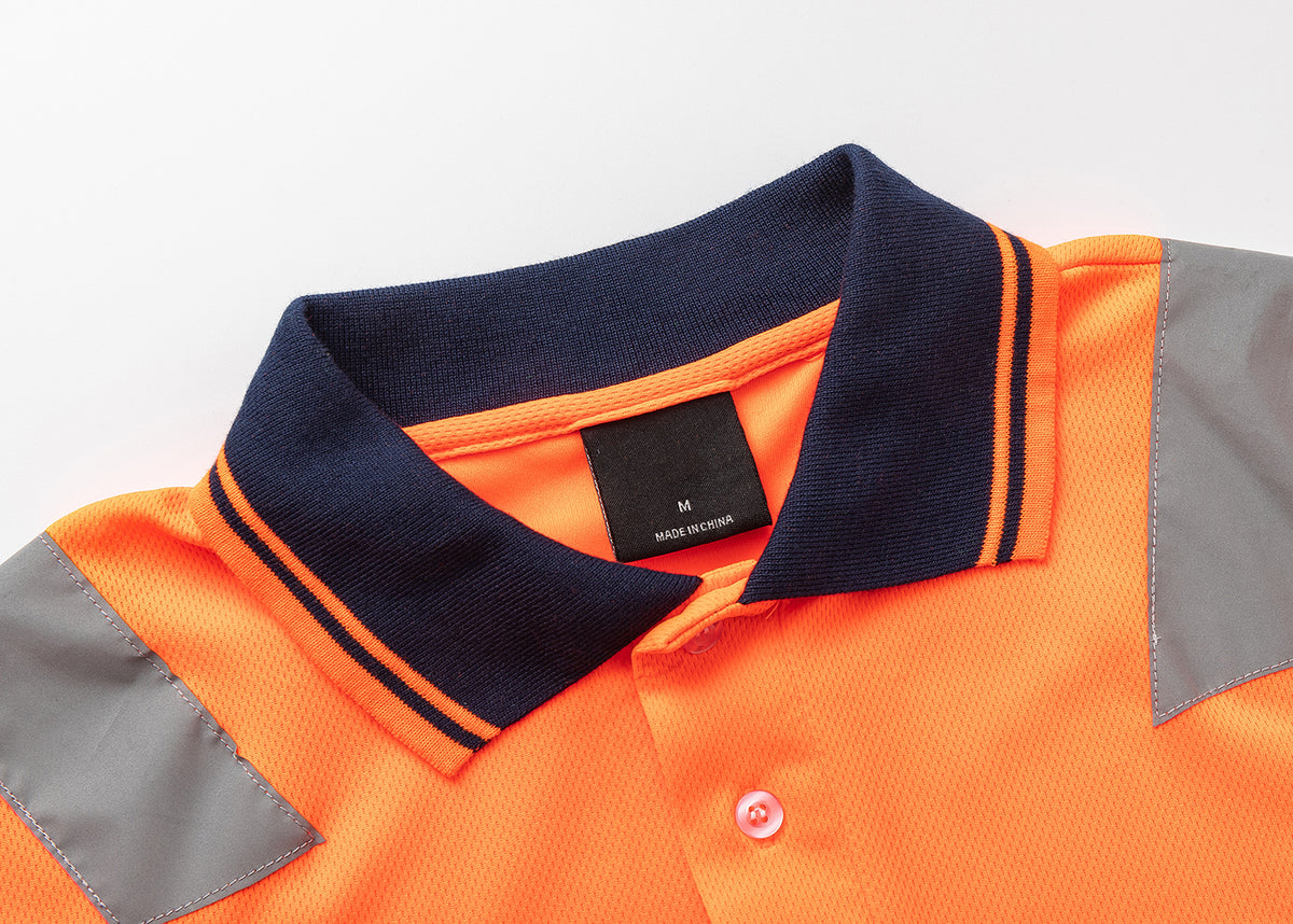 HI VIS Long Sleeve Workwear Shirt w Reflective Tape Cool Dry Safety Polo 2 Tone, Fluoro Orange / Navy, M V474-210985