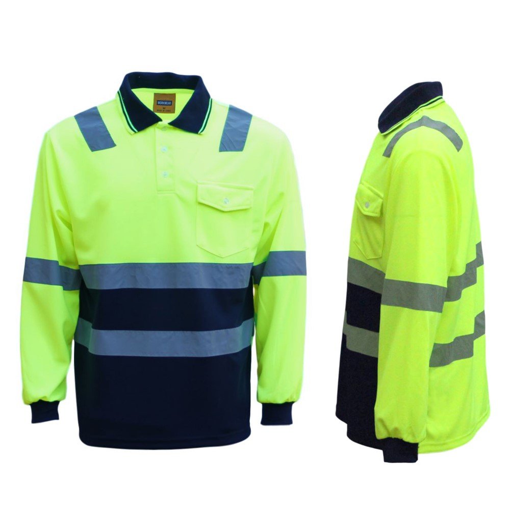 HI VIS Long Sleeve Workwear Shirt w Reflective Tape Cool Dry Safety Polo 2 Tone, Fluoro Yellow /Navy, S V474-210989