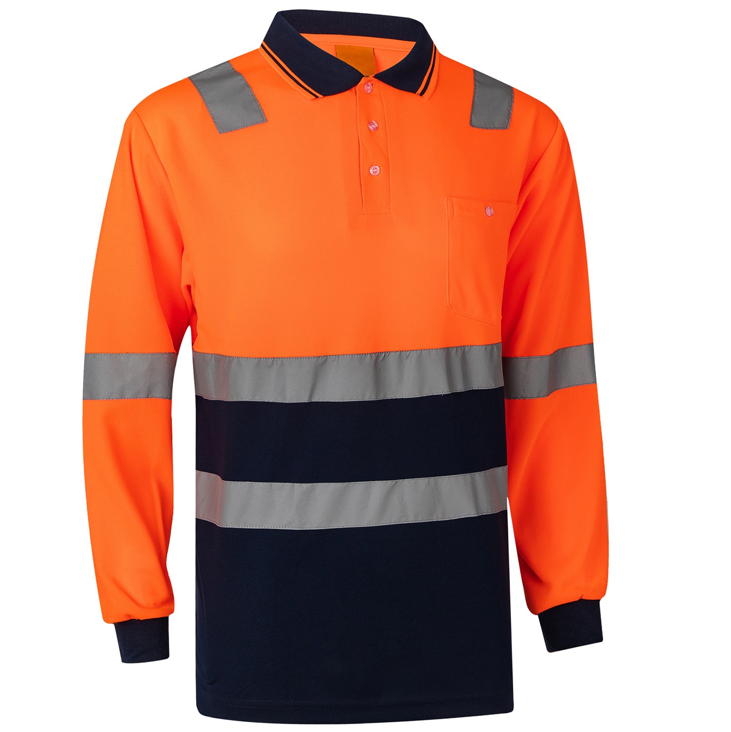 HI VIS Long Sleeve Workwear Shirt w Reflective Tape Cool Dry Safety Polo 2 Tone, Fluoro Yellow /Navy, S V474-210989