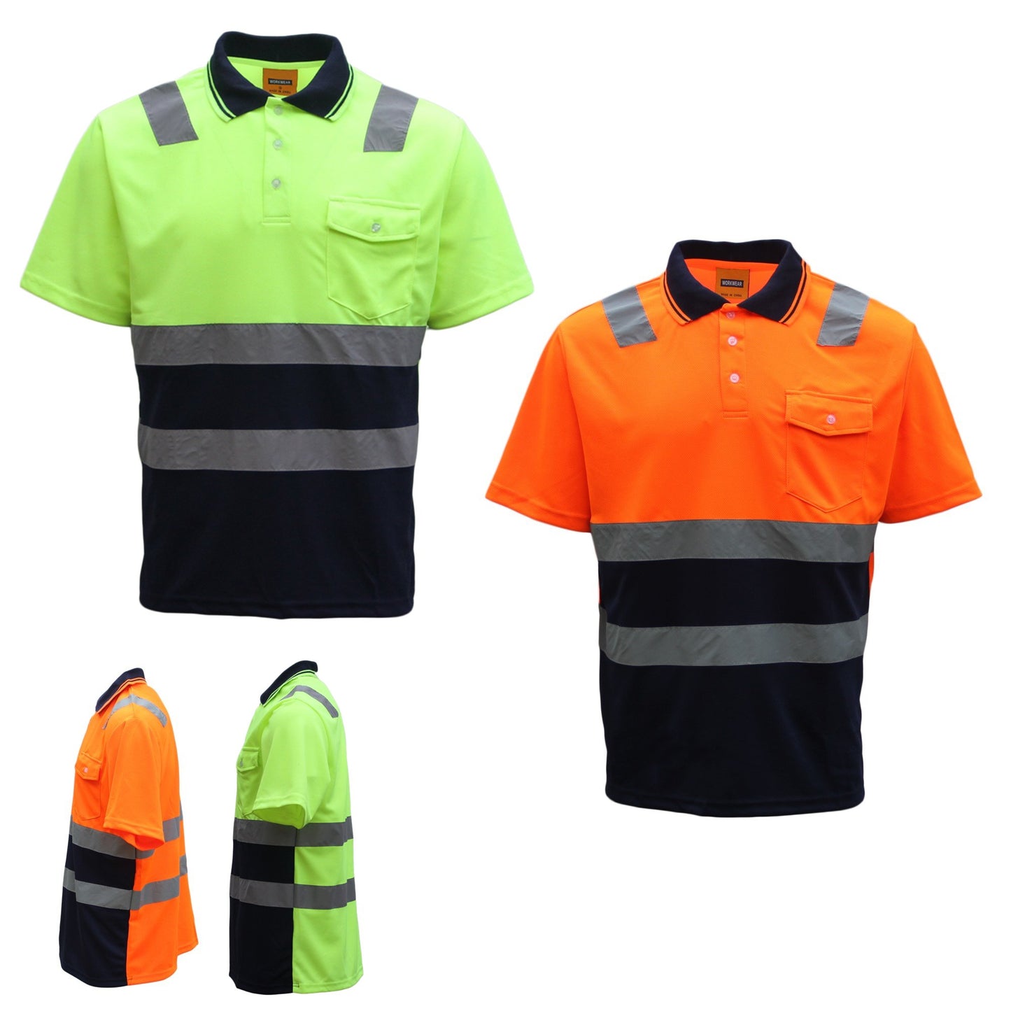 HI VIS Short Sleeve Workwear Shirt w Reflective Tape Cool Dry Safety Polo 2 Tone, Fluoro Orange / Navy, S V474-212964