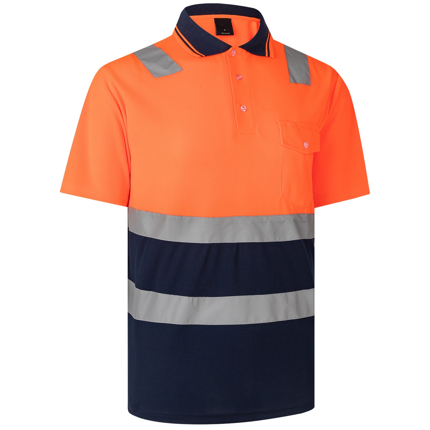 HI VIS Short Sleeve Workwear Shirt w Reflective Tape Cool Dry Safety Polo 2 Tone, Fluoro Orange / Navy, S V474-212964