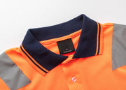 HI VIS Short Sleeve Workwear Shirt w Reflective Tape Cool Dry Safety Polo 2 Tone, Fluoro Orange / Navy, M