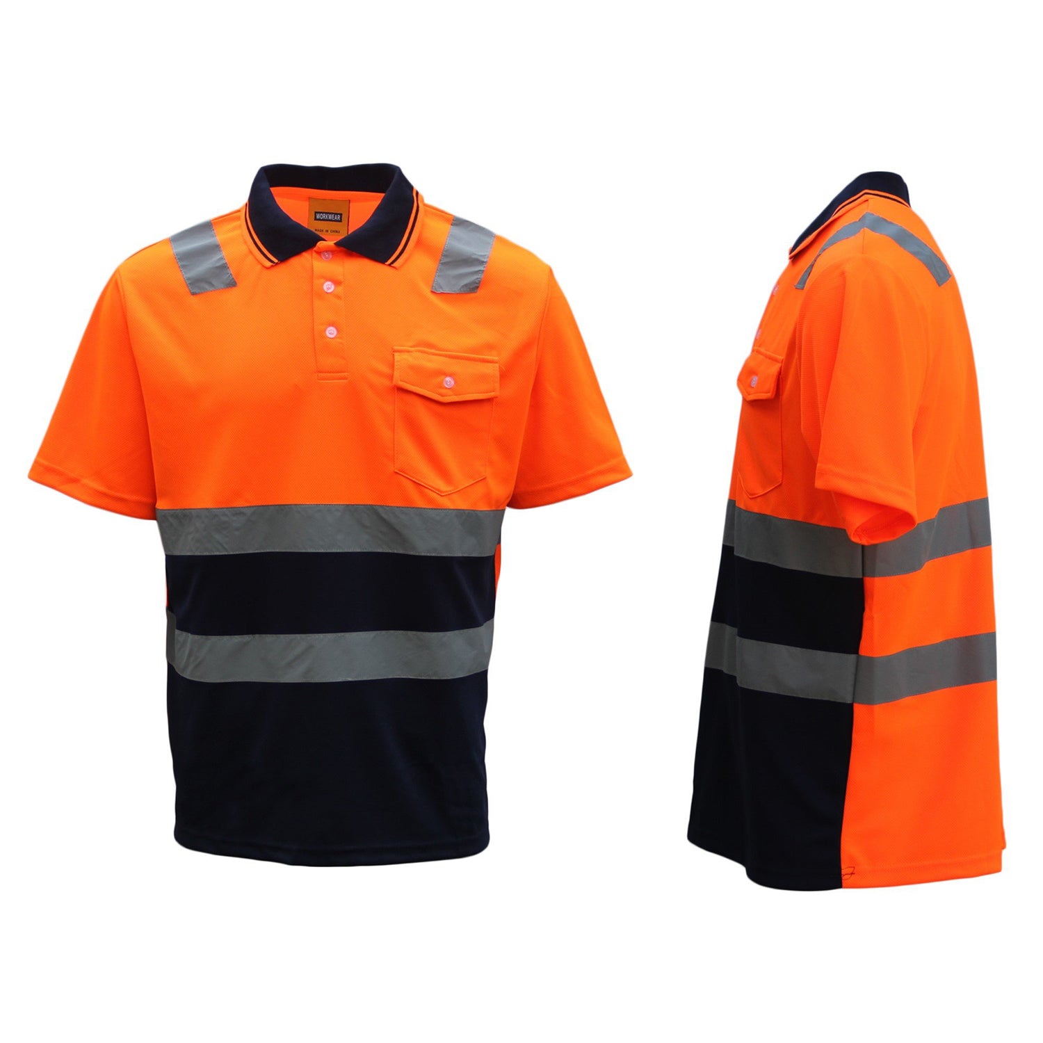 HI VIS Short Sleeve Workwear Shirt w Reflective Tape Cool Dry Safety Polo 2 Tone, Fluoro Orange / Navy, L V474-212966