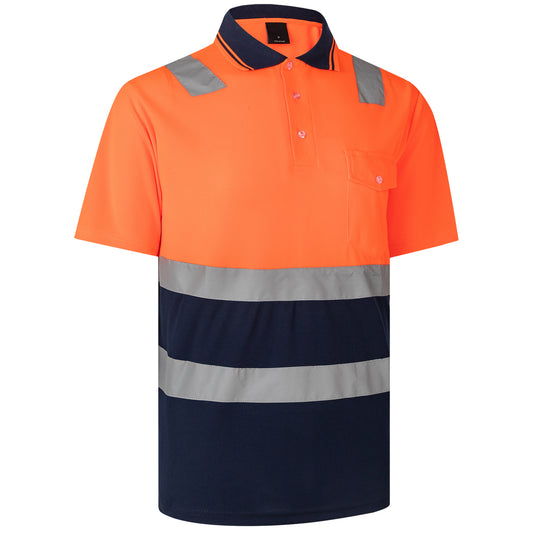 HI VIS Short Sleeve Workwear Shirt w Reflective Tape Cool Dry Safety Polo 2 Tone, Fluoro Orange / Navy, XL V474-212967