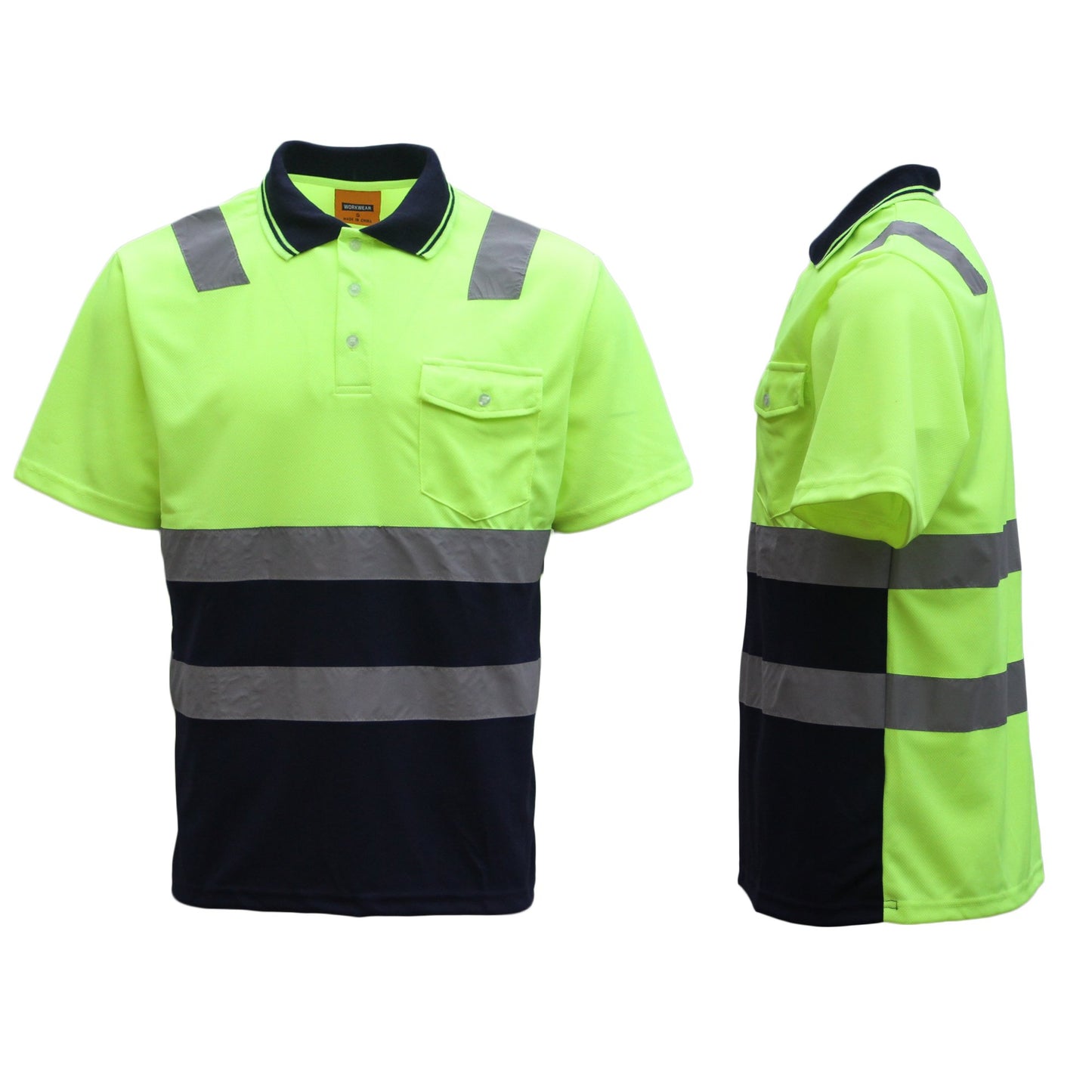 HI VIS Short Sleeve Workwear Shirt w Reflective Tape Cool Dry Safety Polo 2 Tone, Fluoro Yellow / Navy, L V474-212972