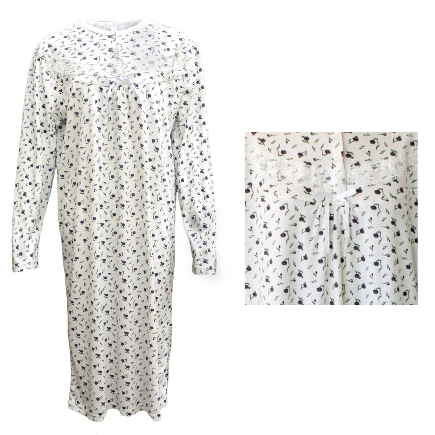 100% Cotton Women Nightie Night Gown Pajamas Pyjamas Winter Sleepwear PJs Dress, Purple Flowers, 22 V474-214709